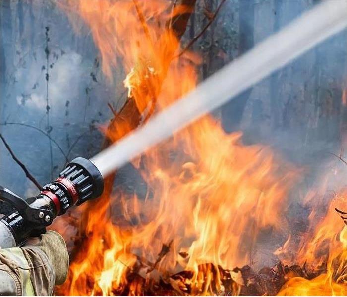 firefighter spraying water on fire